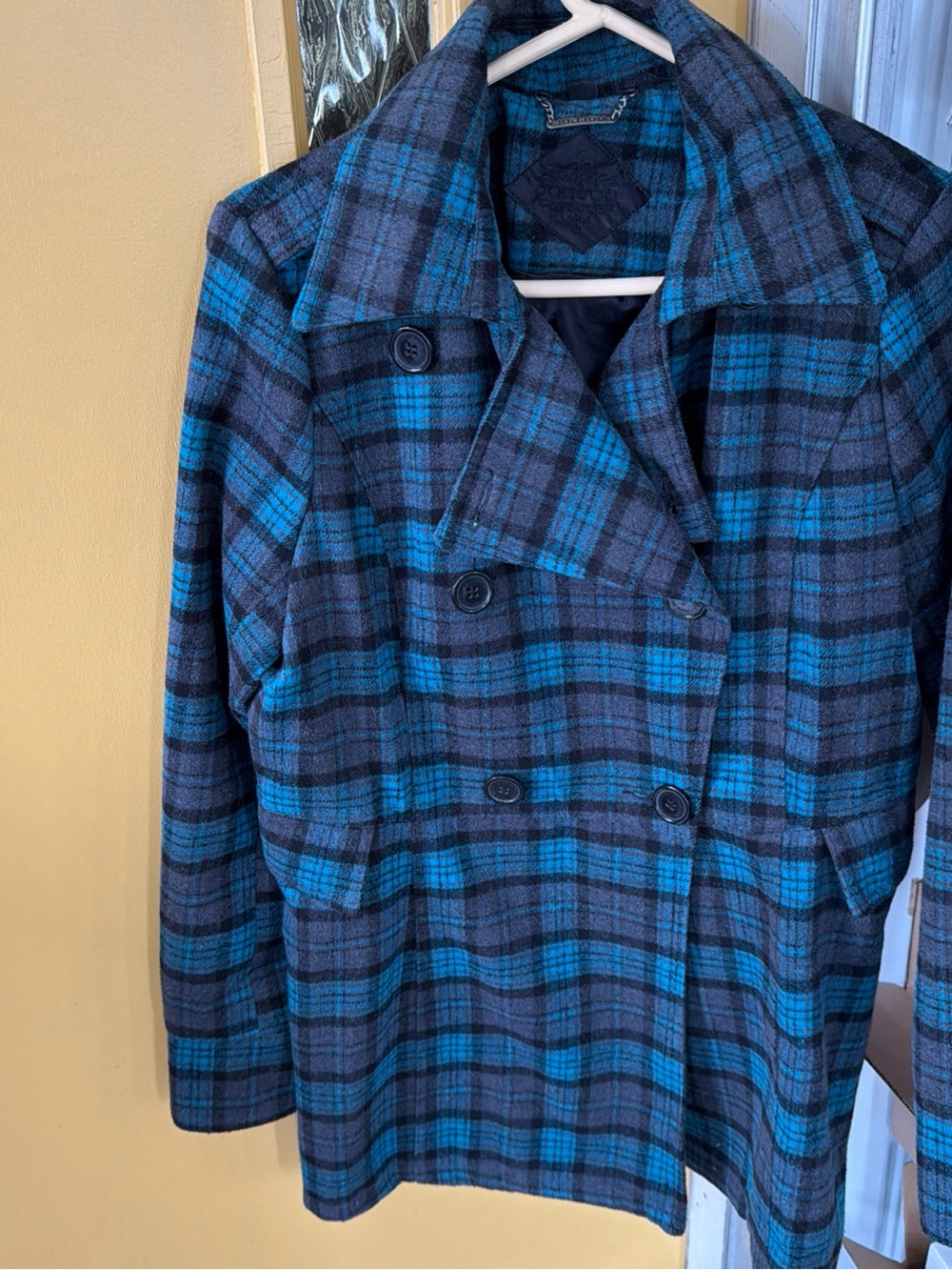 Jou Jou Plaid Double-Breasted Women’s Coat - Teal Blue/Gray Size XL